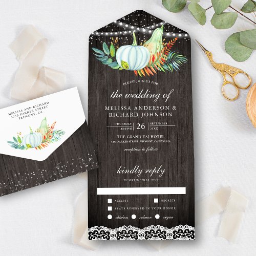 Rustic Barn Wood Lace White Pumpkins Fall Wedding All In One Invitation