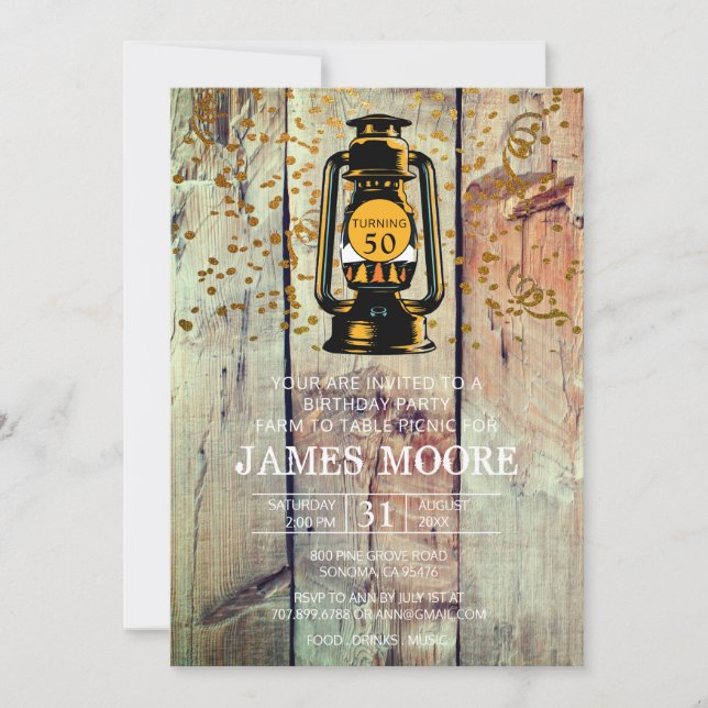 Rustic Barn Wood & Lantern 50th Birthday Party Invitation (Front)