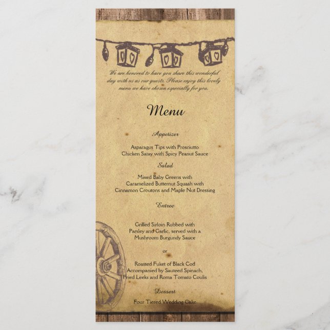 Rustic Barn Wood Lantern Wedding Menu (Front)