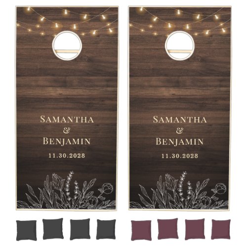 Rustic Barn Wood Lights Couple Names Custom Cornhole Set