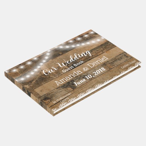 Rustic Barn Wood Lights Lace Wedding Guest Book