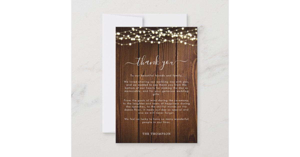 Rustic Barn Wood Lights Lace Wedding Thank You Card | Zazzle