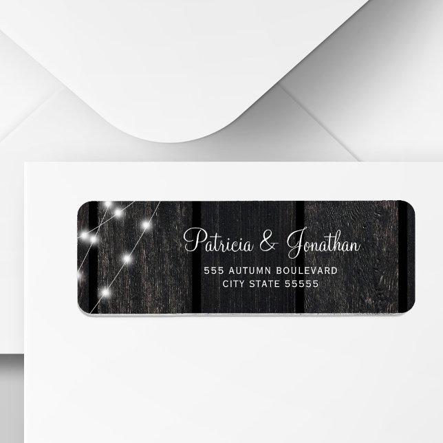 Rustic barn wood lights wedding return address label (Creator Uploaded)