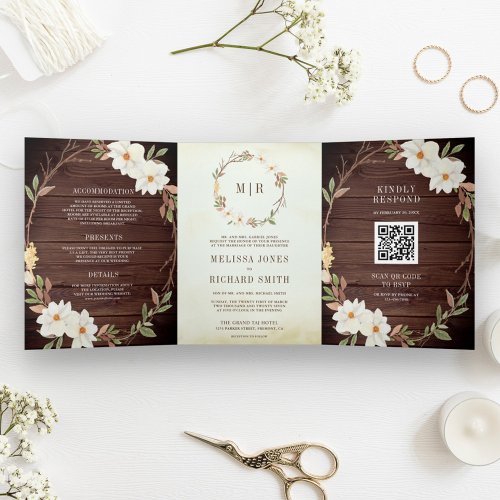 Rustic Barn Wood Magnolia Floral QR Code Wedding Tri_Fold Invitation