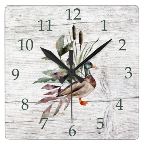 Rustic Barn Wood Mallard Duck Cattails Greenery Square Wall Clock
