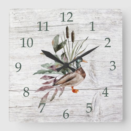 Rustic Barn Wood Mallard Duck Cattails Greenery Square Wall Clock