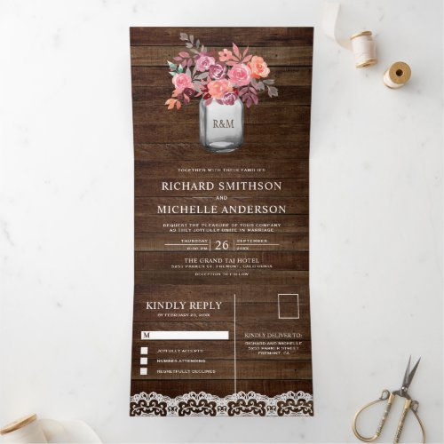 Rustic Barn Wood Marsala Floral Mason Jar Wedding Tri_Fold Invitation