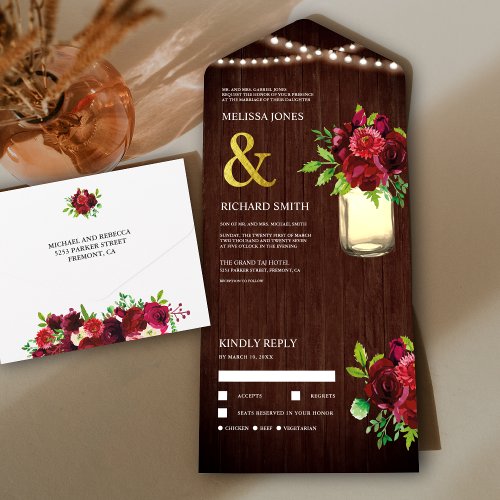 Rustic Barn Wood Mason Jar Burgundy Floral Wedding All In One Invitation