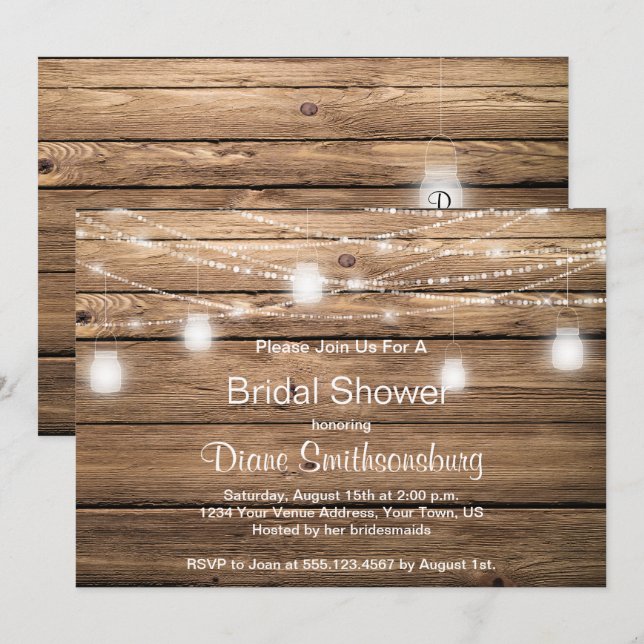 Rustic Barn Wood Mason Jar Lights Bridal Shower Invitation (Front/Back)
