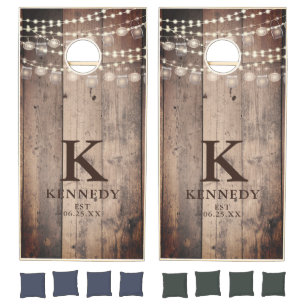 Rustic Barn Wood Mason Jar Lights Monogram Name Cornhole Set