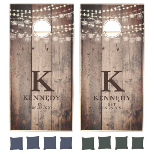 Rustic Barn Wood Mason Jar Lights Monogram Name Cornhole Set