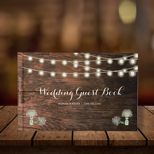 Rustic Barn Wood Mason Jar String Lights Wedding  Guest Book