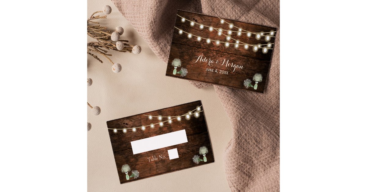 Rustic Barn Wood Mason Jar String Lights Wedding Place Card | Zazzle