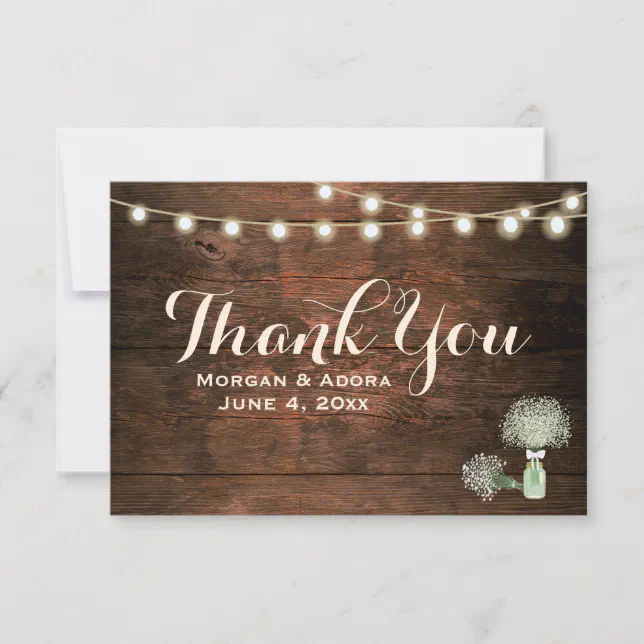 Rustic Barn Wood Mason Jar String Lights Wedding Thank You Card | Zazzle