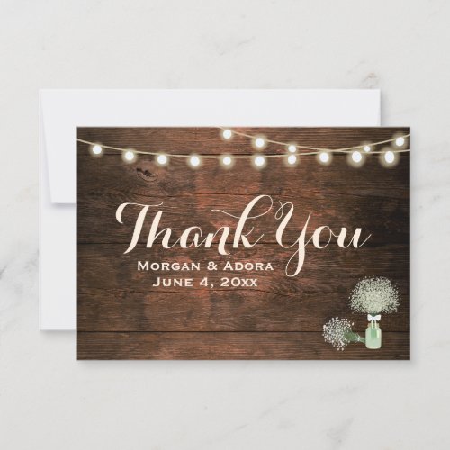 Rustic Barn Wood Mason Jar String Lights Wedding Thank You Card