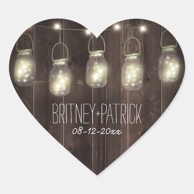 Rustic Barn Wood Mason Jar Wedding Favors Heart Sticker (Front)