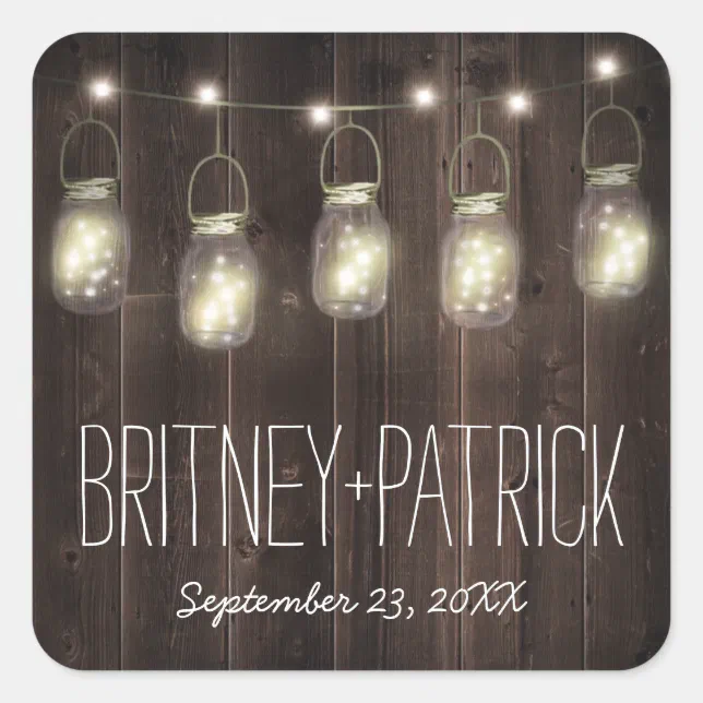 Rustic Barn Wood Mason Jar Wedding Favors Square Sticker | Zazzle