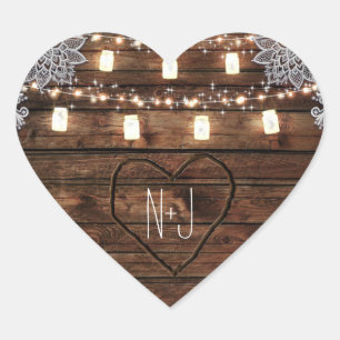 Rustic Barn Wood & Mason Jars Wedding Favor Heart Sticker