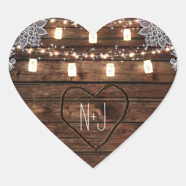 Rustic Barn Wood & Mason Jars Wedding Favor Heart Sticker (Front)