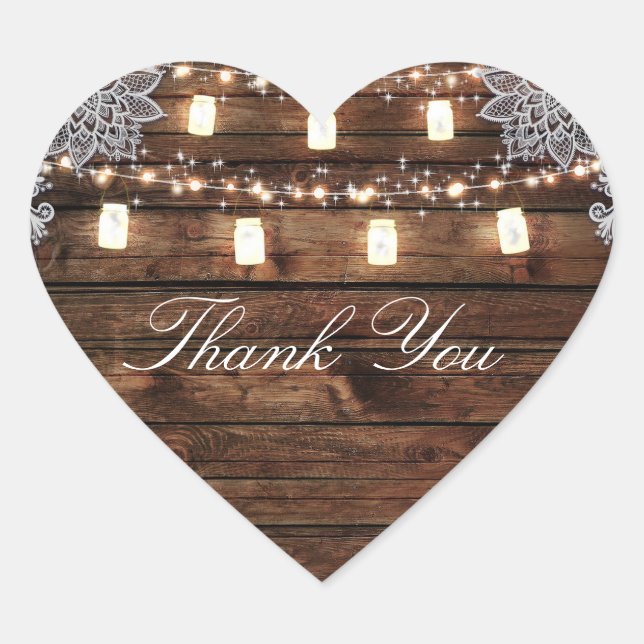 Rustic Barn Wood & Mason Jars Wedding Favor Heart Sticker (Front)