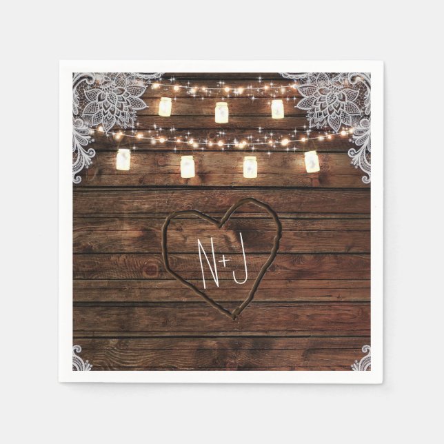 Rustic Barn Wood & Mason Jars Wedding Party Napkins (Front)