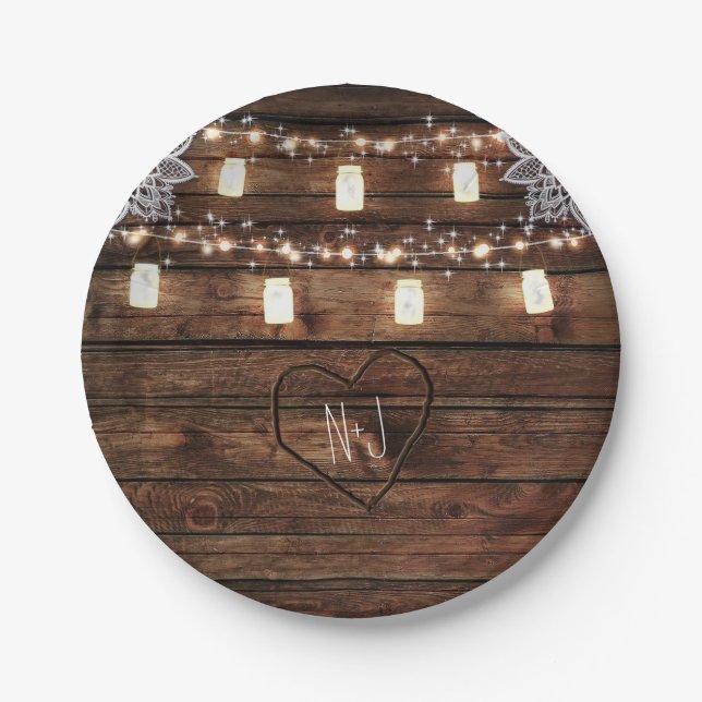 Rustic Barn Wood & Mason Jars Wedding Party Paper Plates (Front)