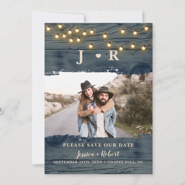 Rustic Barn Wood Monogram Photo Save the Date Invitation (Front)