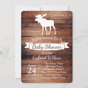 Rustic Barn Wood & Moose Antler Baby Shower Invitation