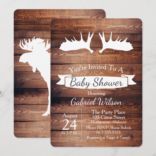 Rustic Barn Wood & Moose Antler Baby Shower Invitation (Front/Back)