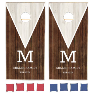 Rustic Barn Wood Natural Wood Family Monogram   Cornhole Set