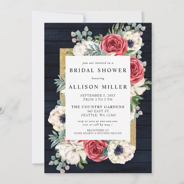 Rustic Barn Wood Navy Burgundy Gold Bridal Shower Invitation (Front)