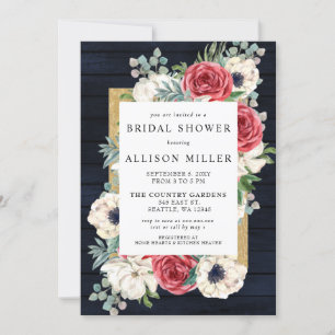 Rustic Barn Wood Navy Burgundy Gold Bridal Shower Invitation