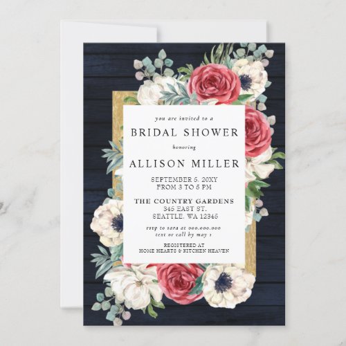 Rustic Barn Wood Navy Burgundy Gold Bridal Shower Invitation