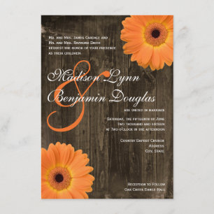 Rustic Barn Wood Orange Daisy Wedding Invitations