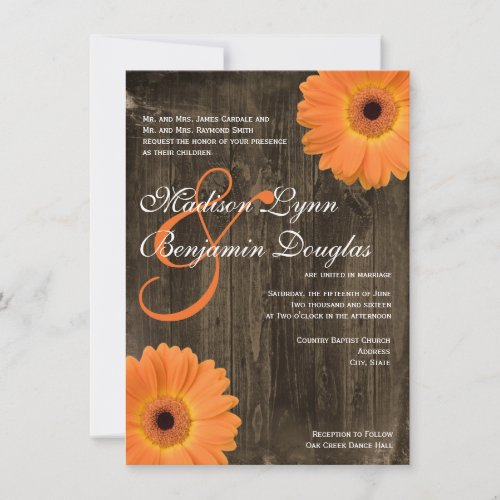 Rustic Barn Wood Orange Daisy Wedding Invitations