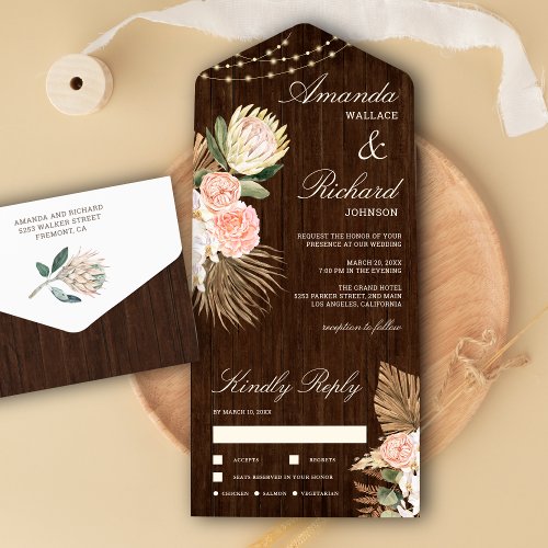 Rustic Barn Wood Palm Protea Earthy Floral Wedding All In One Invitation