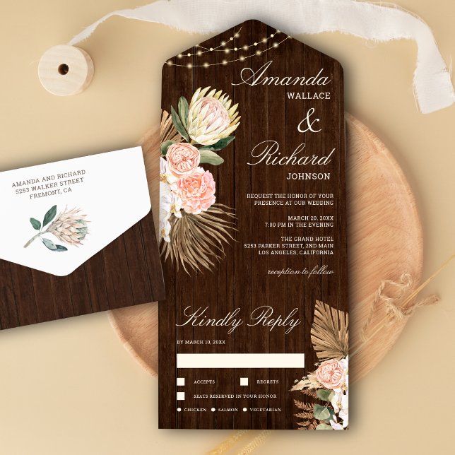 Rustic Barn Wood Palm Protea Earthy Floral Wedding All In One Invitation (Creator Uploaded)