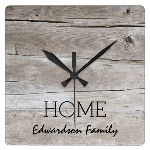 Rustic barn wood pattern Home Family name Square Wall Clock