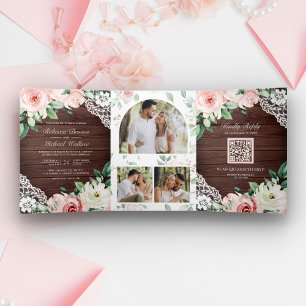 Rustic Barn Wood Peach Floral Lace QR Code Wedding Tri-Fold Invitation