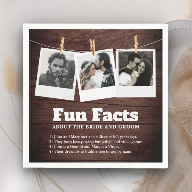 Rustic Barn Wood Photo Collage Fun Facts Wedding  Napkins (Creator Uploaded)