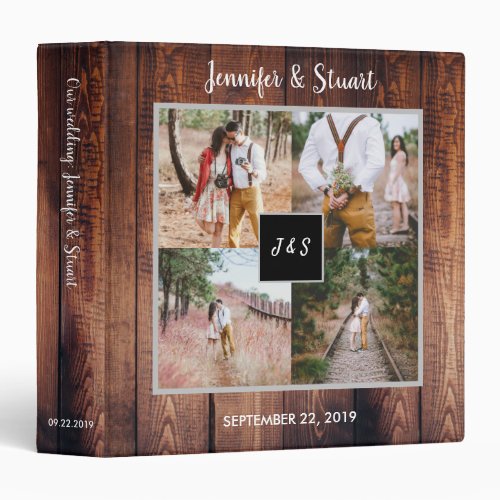 Rustic barn wood photo collage monogram Wedding 3 Ring Binder