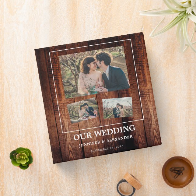 Rustic barn wood photo collage wedding 3 ring binder (In Situ)