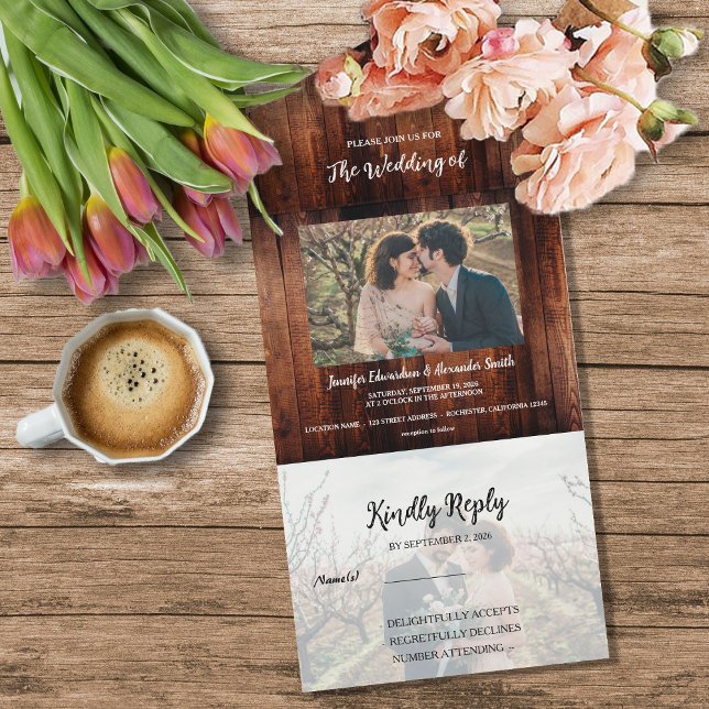 Rustic barn wood photo country Wedding All In One Invitation (Rustic barn wood photo country Wedding All In One Invitation. For your perfect rustic wedding.)