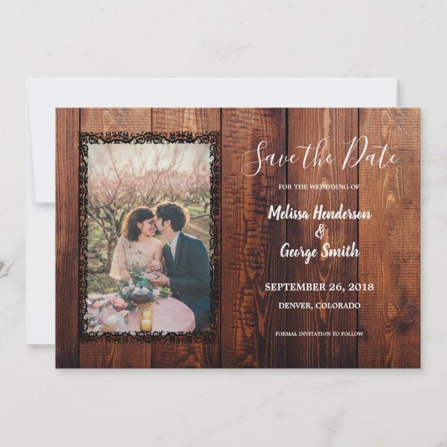 Rustic barn wood photo country wedding save the date (Front)