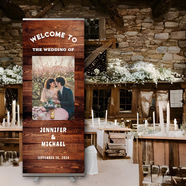 Rustic barn wood photo rural country wedding retractable banner (Rustic barn wood photo  wedding retractable banner.
For your rural country wedding.)