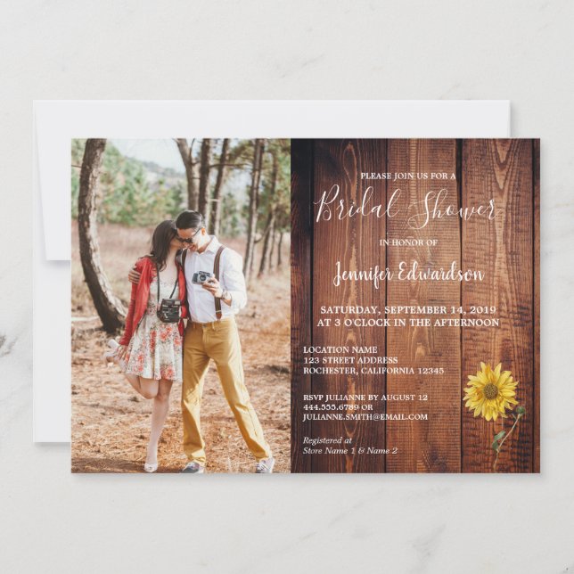 Rustic barn wood photo sunflower country invitation (Front)