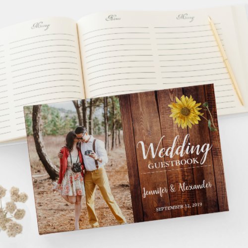 Rustic barn wood photo sunflower country Wedding Guest Book