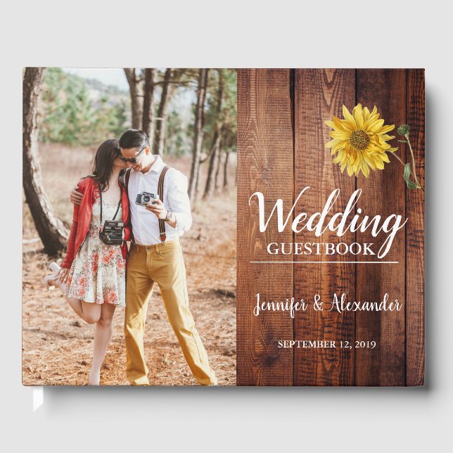Rustic barn wood photo sunflower country Wedding Guest Book (Front)