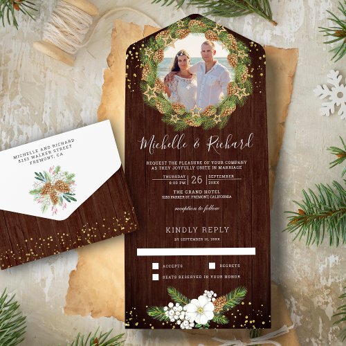 Rustic Barn Wood Pine Cone Photo Christmas Wedding All In One Invitation