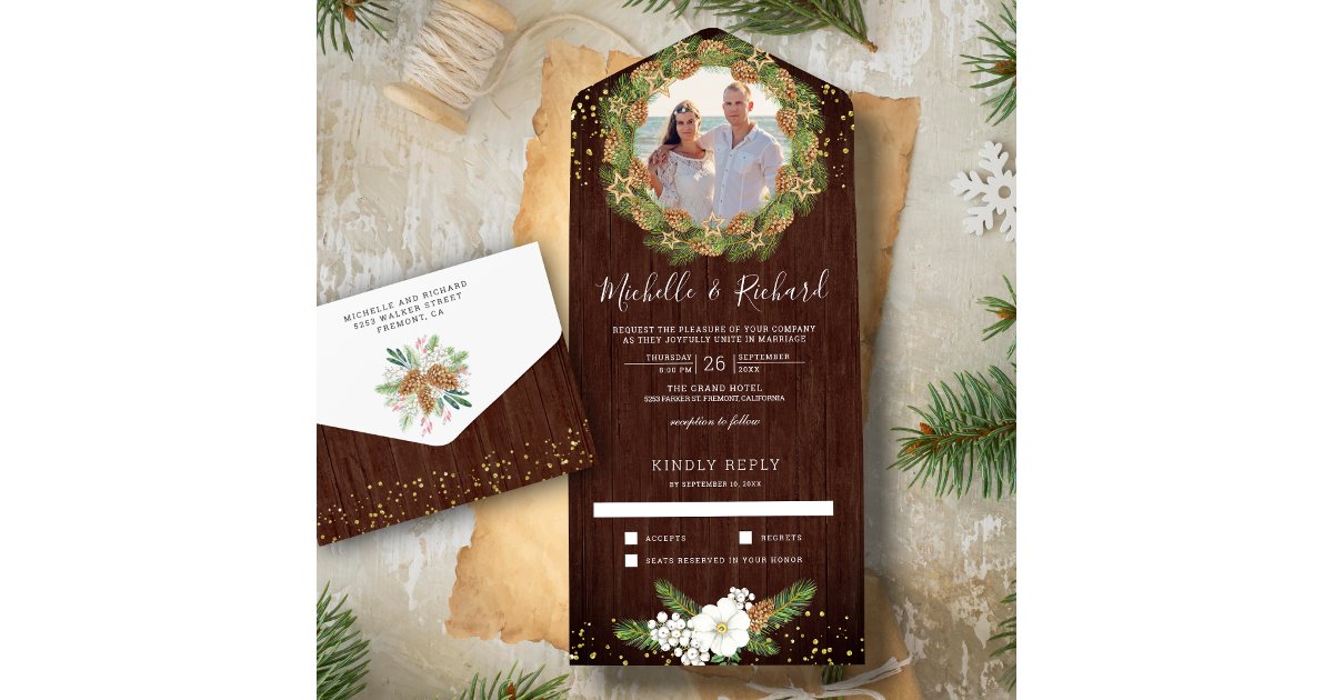 Rustic Barn Wood Pine Cone Photo Christmas Wedding All In One ...
